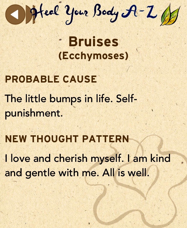 A flyer for "Heal Your Body A-Z." The flyer background is beige with a squiggle doodle and a drawnig of a leaf. The text reads "Bruises (Ecchymoses) Probable Cause: The little bumps in life. Self-punishment." and below that "New Thought Pattern: I love and cherish myself. I am kind and gentle with me. All is well."