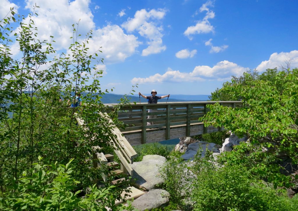 A person stands on a bridge connecting two sides of a wooded area with their arms outstretched. The sky is blue, bright, and spotted with clouds.