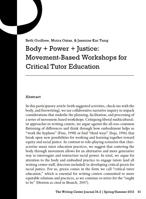 A screen shot of an abstract titled "Body + Power + Justice: Movement-Based Workshops for Critical Tutor Education," which was written by Beth Godbee, Moira Ozias, and Jasmine Kar Tang. The text begins "In this participatory article..."