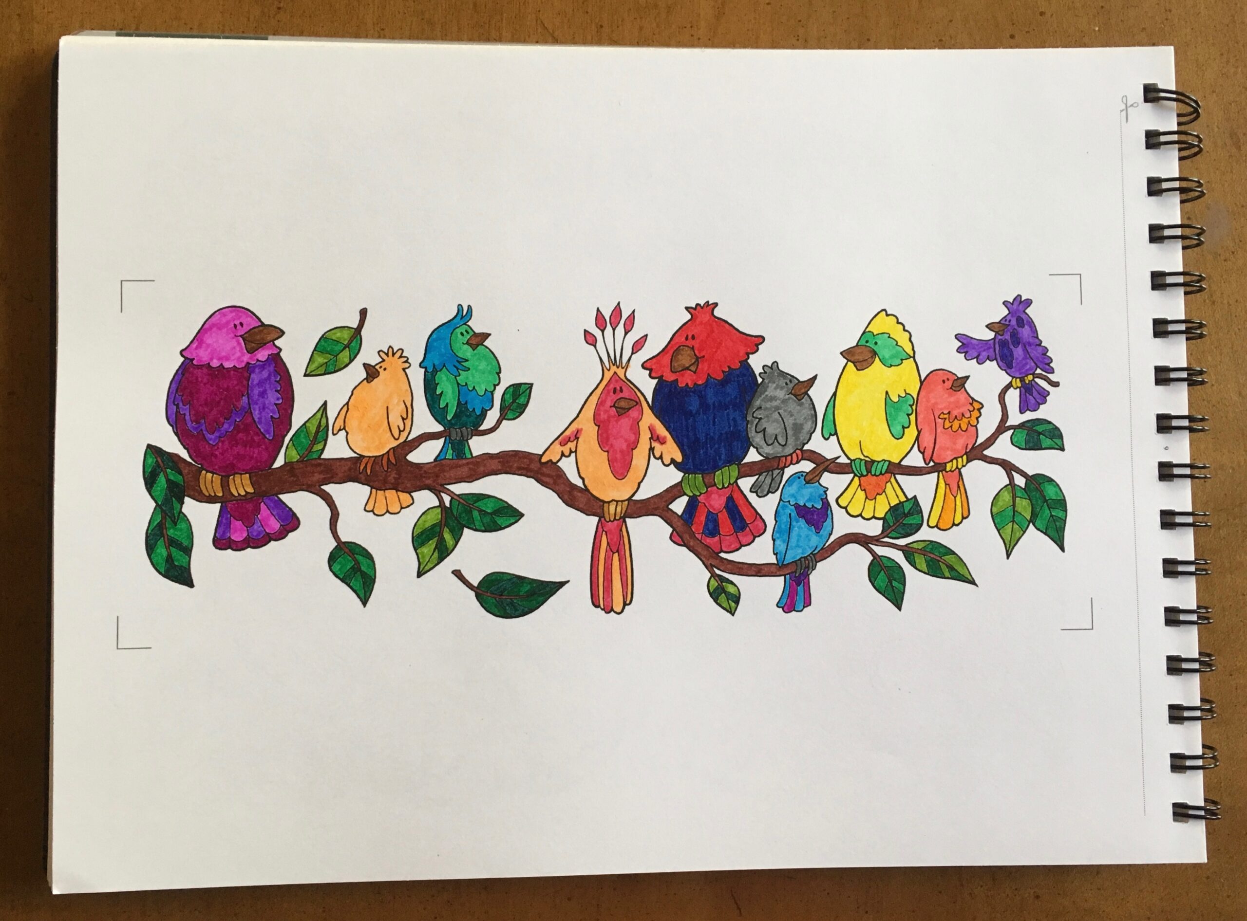 An image of cartoonish birds in a color book sitting on a branch, all of which has been colored in.