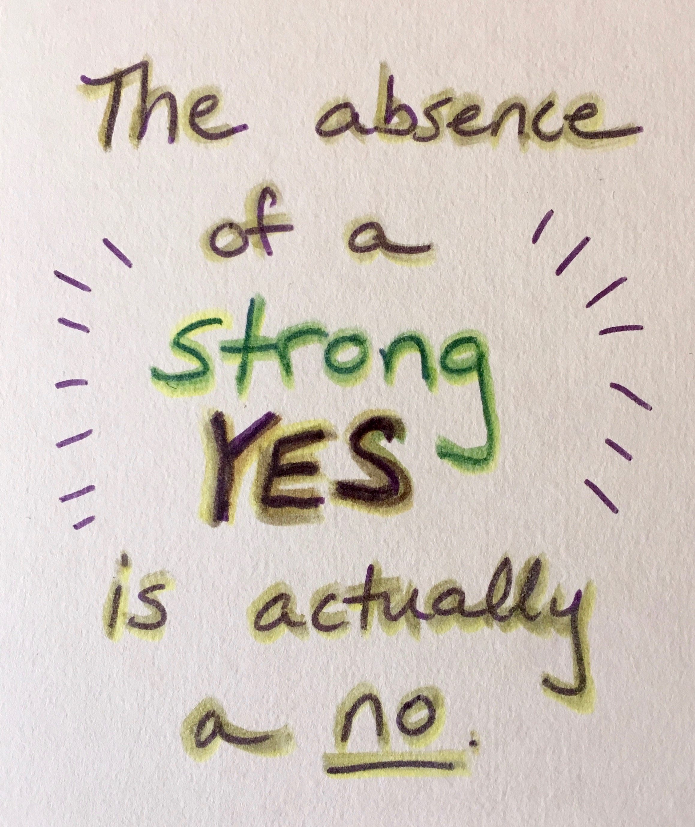Hand-drawn card (white background with green, yellow, and purple marker) that shares the mantra: “The absence of a strong YES is actually a no.”