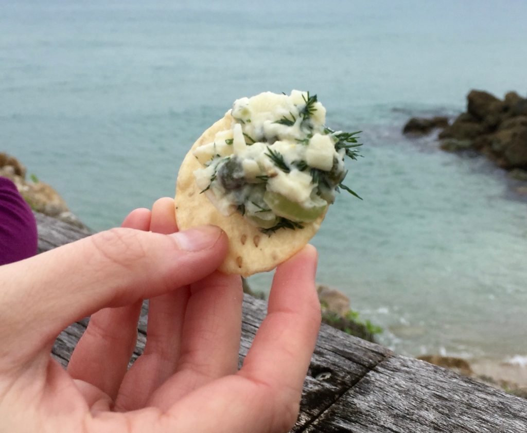 Beth holds a white cracker with hearts of palm salad on it close to the camera ahead of a sea scene.