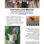 A flyer for "Contemplative Writing" with Beth Godbee, Ph.D., and images of a stone statue of the Buddha in the bottom left corner, a pattern of rocks of different colors surrounding flowers in the right corner, and a photo of paper decorations in the front of a wooden house at the top of the page.