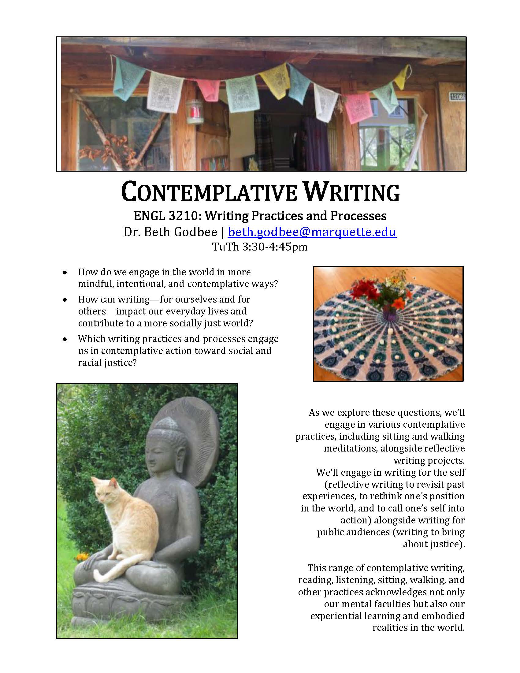 A flyer for "Contemplative Writing" with Beth Godbee, Ph.D., and images of a stone statue of the Buddha in the bottom left corner, a pattern of rocks of different colors surrounding flowers in the right corner, and a photo of paper decorations in the front of a wooden house at the top of the page.