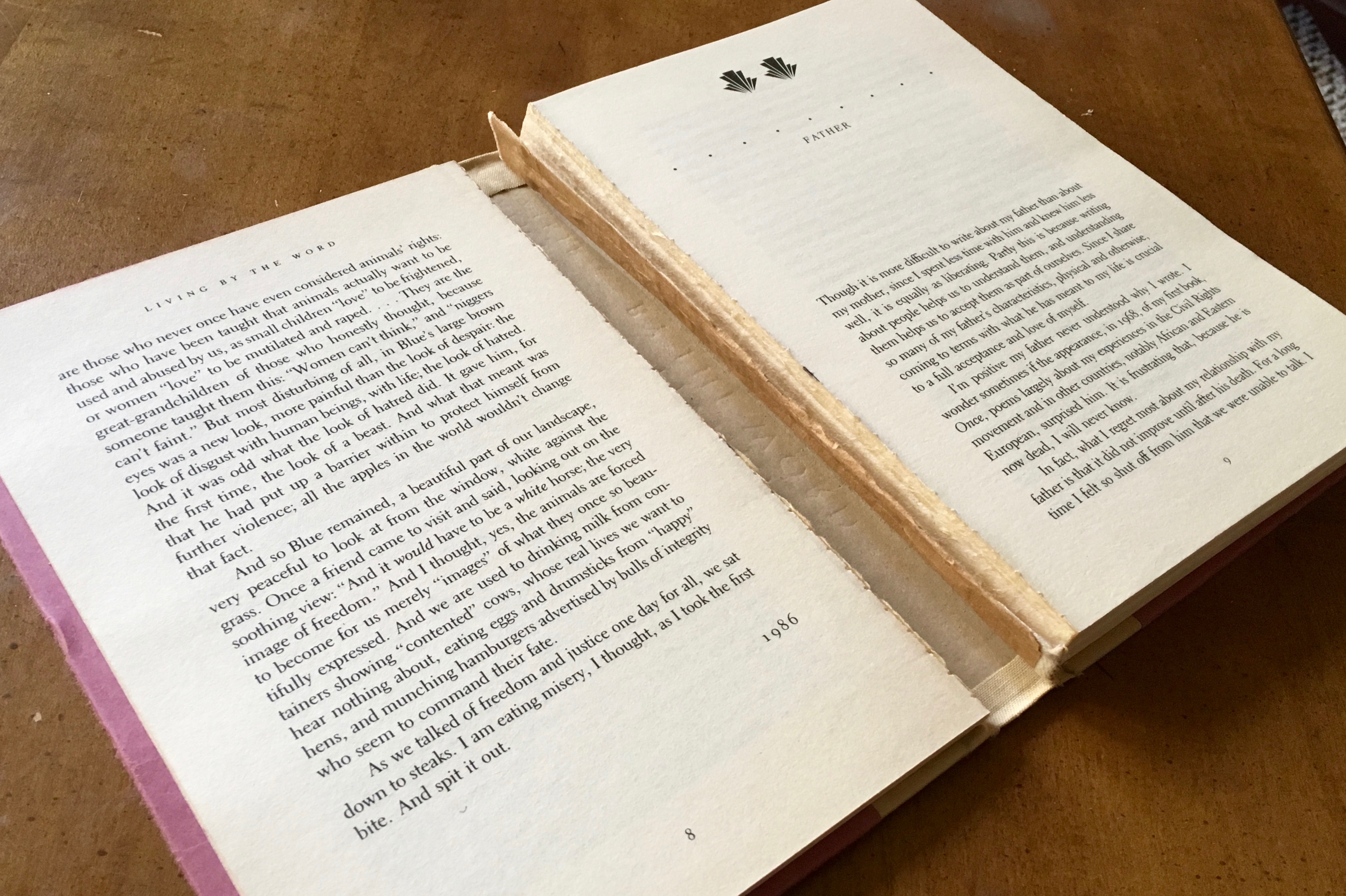 View of the book’s inside binding coming loose and pages falling away.