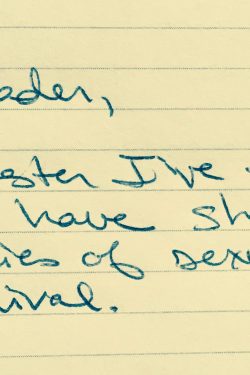 Handwritten note saying, "Dear Reader, Every semester I’ve taught, students have shared with me stories of sexual violence and survival."