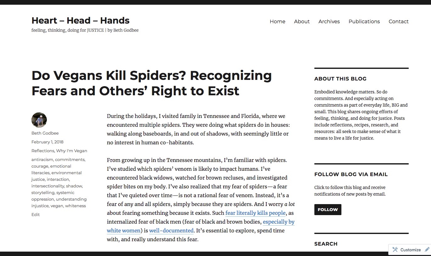 Screenshot of blog post “Do Vegans Kill Spiders? Recognizing Fears and Others’ Right to Exist”