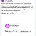 Screenshot of Chani Nicholas’s Facebook post saying “Note to self: ask for what you want.”