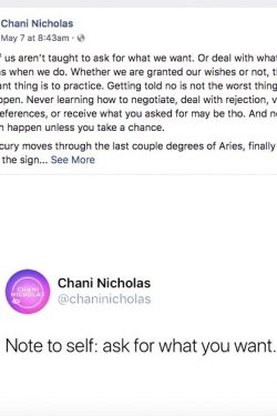 Screenshot of Chani Nicholas’s Facebook post saying “Note to self: ask for what you want.”