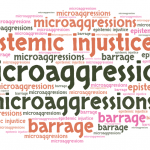 Word cloud of just 3 words: microaggressions, barrage, and epistemic injustice -- in green, orange, and pink.