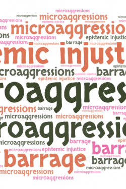 Word cloud of just 3 words: microaggressions, barrage, and epistemic injustice -- in green, orange, and pink.