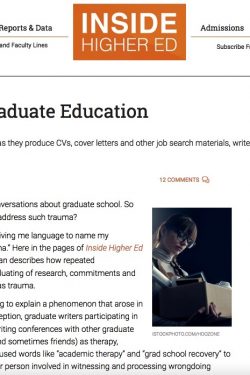 Screenshot of “The Trauma of Graduate Education,” showing the orange Inside Higher Ed page logo and navigation toolbar at the top followed the title, by-line, and first three paragraphs of the article.