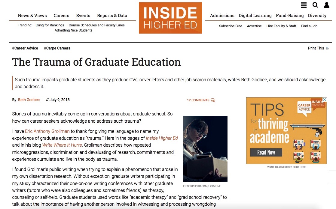 Screenshot of “The Trauma of Graduate Education,” showing the orange Inside Higher Ed page logo and navigation toolbar at the top followed the title, by-line, and first three paragraphs of the article.