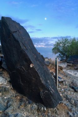 One large black rock sits at a diagonal, dominating the left-side of the photo. To its right is a trail marker (wooden stake in the ground). A green bush is to its right, and a light blue sky stretches above the rock, trail marker, and bush (with shades of blue becoming lighter toward the top).