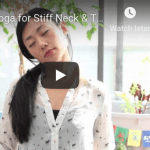 Screen capture of YouTube video "Gentle Yoga for Stiff Neck & Tight Shoulders," showing the creator Kris in a seated position with her neck to the side.