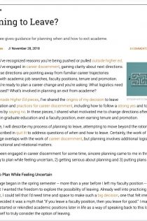Screenshot of the article “Planning to Leave?” as it appears in Inside Higher Ed, showing the first few paragraphs and an icon of an arrow, representing exit from academia.