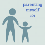 This image shows two abstract figures -- a larger person (presumably parent) and smaller person (presumably child) reaching for each other's hands. The title "parenting myself 101" appears in blue against a light teal background. The figures are in a darker shade of teal.