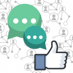 This image shows a Facebook like button (white hand making a thumbs-up sign), along with two chat bubbles and a grey background pattern of lines connecting people to represent social networking.