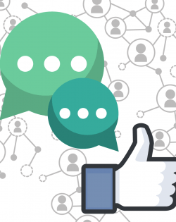 This image shows a Facebook like button (white hand making a thumbs-up sign), along with two chat bubbles and a grey background pattern of lines connecting people to represent social networking.