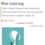 This screenshot shows the start of the IHE article, “What I Learned as I Was Leaving,” along with the stock photo of a woman opening a key-shaped door.