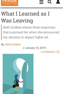This screenshot shows the start of the IHE article, “What I Learned as I Was Leaving,” along with the stock photo of a woman opening a key-shaped door.
