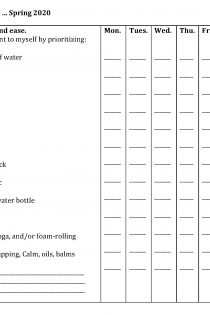This image shows the Word document "Parenting Myself Right Now ... Spring 2020" that can be downloaded and modified for use. This black-and-white checklist shows characteristics of self-parenting next to days of the weeks, where checks can be added for tracking daily behaviors.