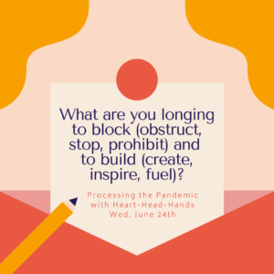 This image shares this week’s question—“What are you longing to block (obstruct, stop, prohibit) and to build (create, inspire, fuel) this summer?”—along with meeting information: “Processing the Pandemic with Heart-Head-Hands. Wed, June 24th.” Text appears in a central box that looks like a letter partially out of an envelope. The colors are red, orange, and yellow.