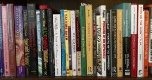 To provide a visualization of “resources for racial justice,” this photo shows colorful spines of books by Gloria Anzaldúa, Augusto Boal, Patricia Hill Collins, Paulo Freire, bell hooks, Audre Lorde, Elaine Richardson, and Alice Walker, among others.