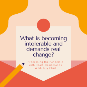 This image shares this week’s question—“What is becoming intolerable and demands real change?”—along with meeting information: “Processing the Pandemic with Heart-Head-Hands. Wed, July 22nd.” Text appears in a central box that looks like a letter partially out of an envelope. The colors are red, orange, and yellow.