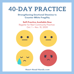 Along with showing 4 emoticons representing different emotions, this flyer reads, “40-Day Practice: Strengthening Emotional Stamina to Counter White Fragility. Self-Practice Available Now. Register for Next Community Practice: Oct. 1 — Nov. 10, 2020. Heart-Head-Hands.com.” A white background is framed by a blue border with yellow and red emoticons.