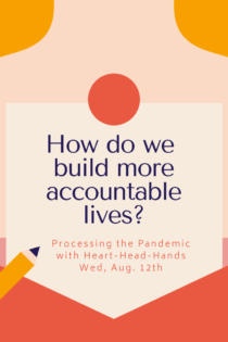 This image shares this week’s question—“How do we build more accountable lives?”—along with meeting information: “Processing the Pandemic with Heart-Head-Hands. Wed, Aug. 12th.” Text appears in a central box that looks like a letter partially out of an envelope. The colors are red, orange, and yellow.