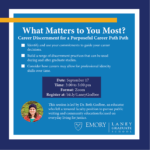A flyer for a workshop being led by Dr. Beth Godbee at Emory. The workshop is called "What Matters to You Most? Career Discernment for a Purposeful Career Path”