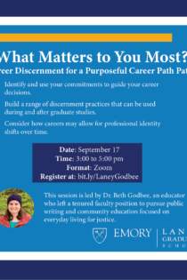 A flyer for a workshop being led by Dr. Beth Godbee at Emory. The workshop is called "What Matters to You Most? Career Discernment for a Purposeful Career Path”