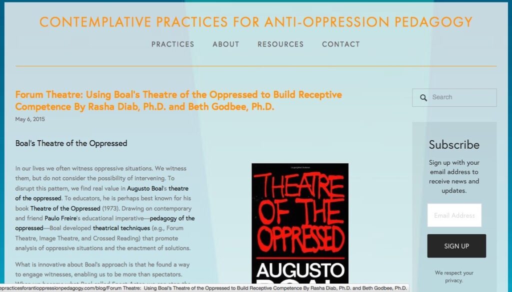 This screenshot shows the online article “Forum Theatre: Using Boal’s Theatre of the Oppressed to Build Receptive Competence by Rasha Diab, Ph.D. and Beth Godbee, Ph.D.,” part of the website Contemplative Practices for Anti-Oppression Pedagogy. It shows a paragraph of text against a blue background and the black, red, and white book cover of Augusto Boal’s Theatre of the Oppressed.