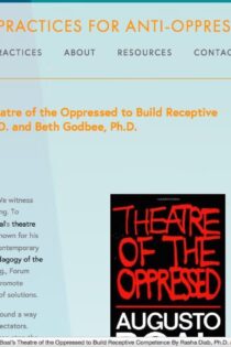 This screenshot shows the online article “Forum Theatre: Using Boal’s Theatre of the Oppressed to Build Receptive Competence by Rasha Diab, Ph.D. and Beth Godbee, Ph.D.,” part of the website Contemplative Practices for Anti-Oppression Pedagogy. It shows a paragraph of text against a blue background and the black, red, and white book cover of Augusto Boal’s Theatre of the Oppressed.
