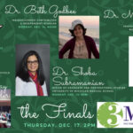 This promotional flyer (a horizontal banner with a green background) from the University of Louisiana at Lafayette includes photos and titles for all four speakers—Dr. Beth Godbee, Dr. Shoba Subramanian, Dr. Meghan Duffy, and Prof. Ray Schroeder—along images for coffee talk and three-minute thesis events.