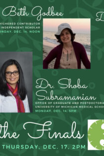 This promotional flyer (a horizontal banner with a green background) from the University of Louisiana at Lafayette includes photos and titles for all four speakers—Dr. Beth Godbee, Dr. Shoba Subramanian, Dr. Meghan Duffy, and Prof. Ray Schroeder—along images for coffee talk and three-minute thesis events.