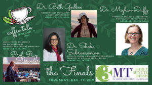 This promotional flyer (a horizontal banner with a green background) from the University of Louisiana at Lafayette includes photos and titles for all four speakers—Dr. Beth Godbee, Dr. Shoba Subramanian, Dr. Meghan Duffy, and Prof. Ray Schroeder—along images for coffee talk and three-minute thesis events.