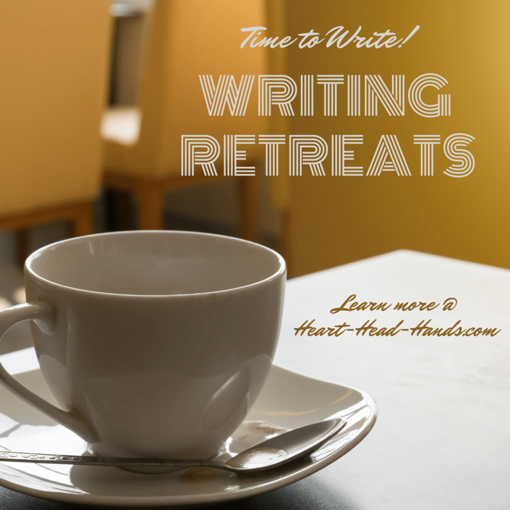 This ad reads: “Time to write! Writing Retreats. Learn more @ Heart-Head-Hands.com.” A white coffee mug and table appear in the foreground, with golden chairs and walls in the background.