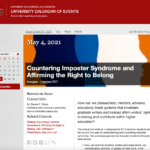 This screenshot captures the registration page for “Countering Imposter Syndrome and Affirming the Right to Belong”: an event sponsored by the University of Louisiana at Lafayette. The image shows a calendar; event date, time, contact information; the start of the event description (also shared in this post’s text); and an image of blended navy, blue, white, and orange.