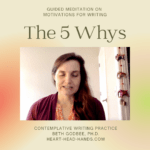 This cover image for the YouTube video shows a photo of Beth with eyes closed (in meditation). The photo is framed by a yellow-orange-pink border and the text: “Guided Meditation on Motivations for Writing: The Five Whys. Contemplative Writing Practice, Beth Godbee, Ph.D., Heart-Head-Hands.com.”