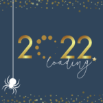 Image reads “2022 downloading,” alongside a spider dropping down on a single thread. Confetti lights appear at the top and bottom against a dark blue background.