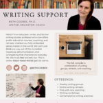 This flyer shows two photos of Beth, an open laptop, colorful bookshelf, social media icons, and the logo for Heart-Head-Hands.com. It includes one text box that reads: “Hello! I’m an educator, writer, and former writing studies professor who now offers public education courses, coaching, and retreats. I believe our fully embodied selves matter in the world. We can’t just think our way out of the incredible injustices, dehumanization, and wrongdoing that characterize everyday life. We must feel and act, too. This is where Heart-Head-Hands gets its name.” Another text box has a list of offerings: “weekly writing groups, online writing retreats, one-with-one coaching, writing workshops, and contemplative writing practices.”