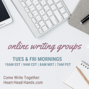 This image shows writing tools (phone, keyboard, journal, pencil, and pen) along with the event information: “Online Writing Groups. Tuesday and Friday mornings 10am EST | 9am CST | 8am MST | 7am PST. Come Write Together: Heart-Head-Hands.com.”