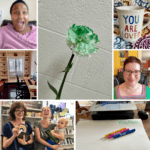 This image is a compilation of 7 photos shared from writing group members. Clockwise from the upper left: screenshot of Elaine Richardson (Dr. E) during conversation; carnation to accompany the related poem from Ruth Nicole Brown; “you are loved” mug that I use during groups; Cate Denial at her dining-room table, where she wrote for most of the pandemic; picture of Candace Epps-Robertson’s desk set-up for writing retreats; three generations at a beloved feminist bookstore shared from Jenny Veninga; and creative writing space with homemade pottery made by Briana Mohan.