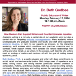 This flyer shares the same text in this blog post: the workshop title, sponsors, description, photo, and bio of the presenter, Dr. Beth Godbee, Public Educator & Writer. The workshop is Monday, February 12, 2024, 12-1:30pm, Zoom. Background is red and white and includes the logo of Ball State University.