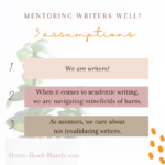 This image shares the blog post title “Mentoring Writers Well?” and 3 assumptions: “1. We are writers! 2. When it comes to academic writing, we are navigating minefields of harm. 3. As mentors, we care about not invalidating writers.” Background includes raindrops, a plant sprouting, and the web address Heart-Head-Hands.com.