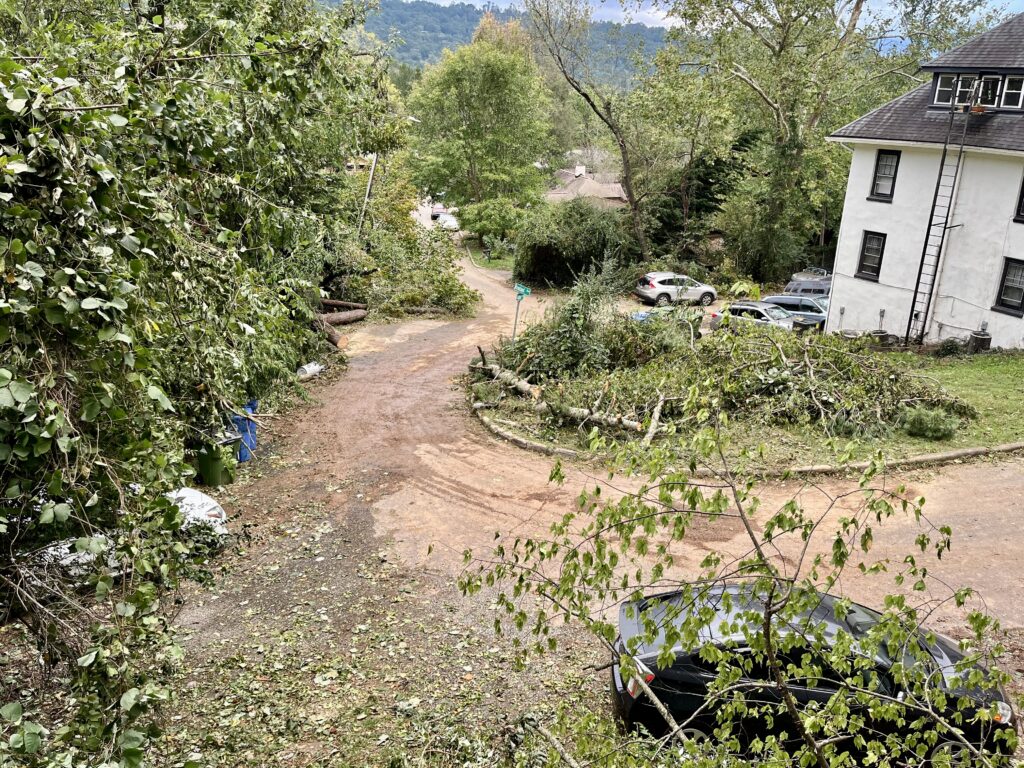 Looking down at the cleared street, with debris moved to the sides.