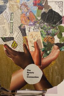 A collage, made by Phoenix Robertson, leans against a gray wall. The canvas is covered in clippings of magazines and the background is painted gold. The collage shows three hands, each in different directions, and from them spring snippets of art, nature, and text.
