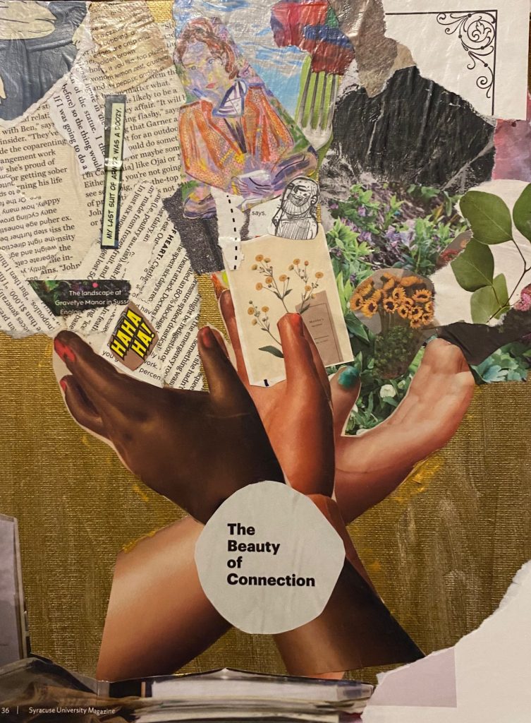 A collage, made by Phoenix Robertson, leans against a gray wall. The canvas is covered in clippings of magazines and the background is painted gold. The collage shows three hands, each in different directions, and from them spring snippets of art, nature, and text.
